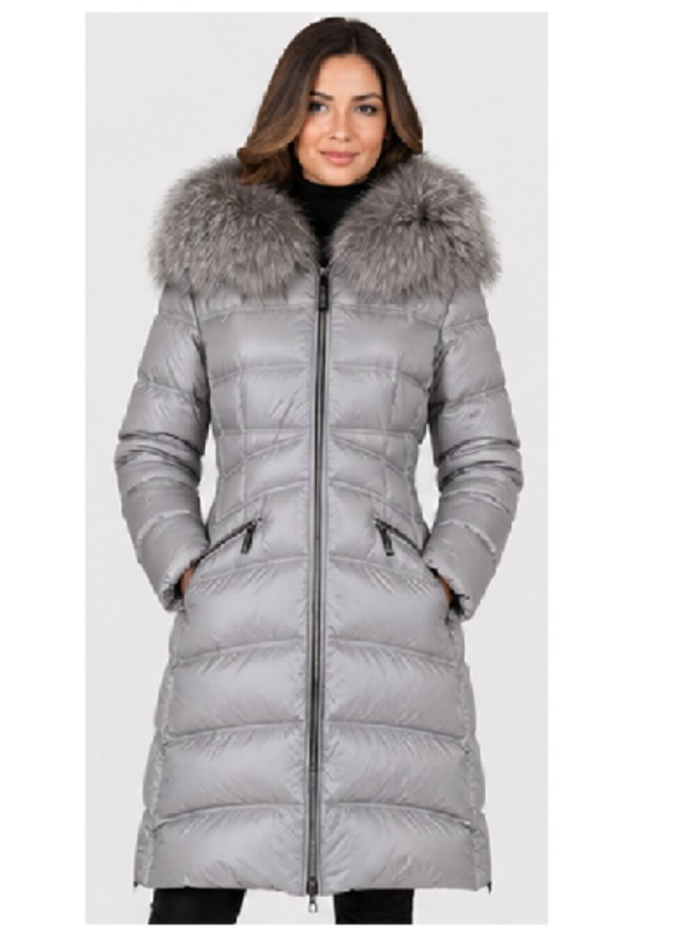 Dawn Levy Cloe Women’s Size L Silver Gray Down Puffer Coat Fox Fur Hood